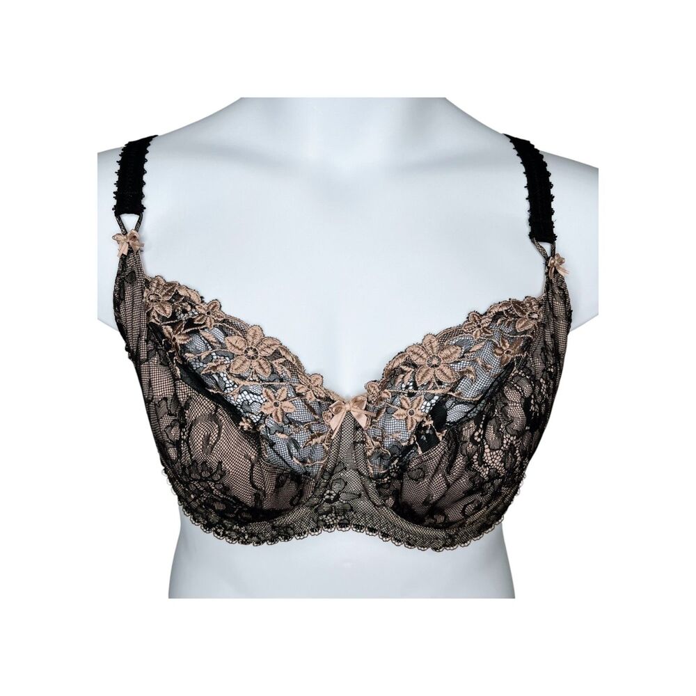 Fantasie Bridgette Underwire Bra sz 38DDD US / 38E UK * Black Tan Lace Mesh Dots